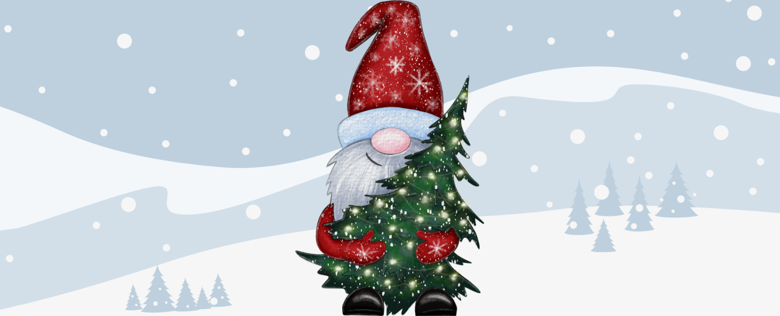 illustration of a holiday gnome holding a Christmas tree